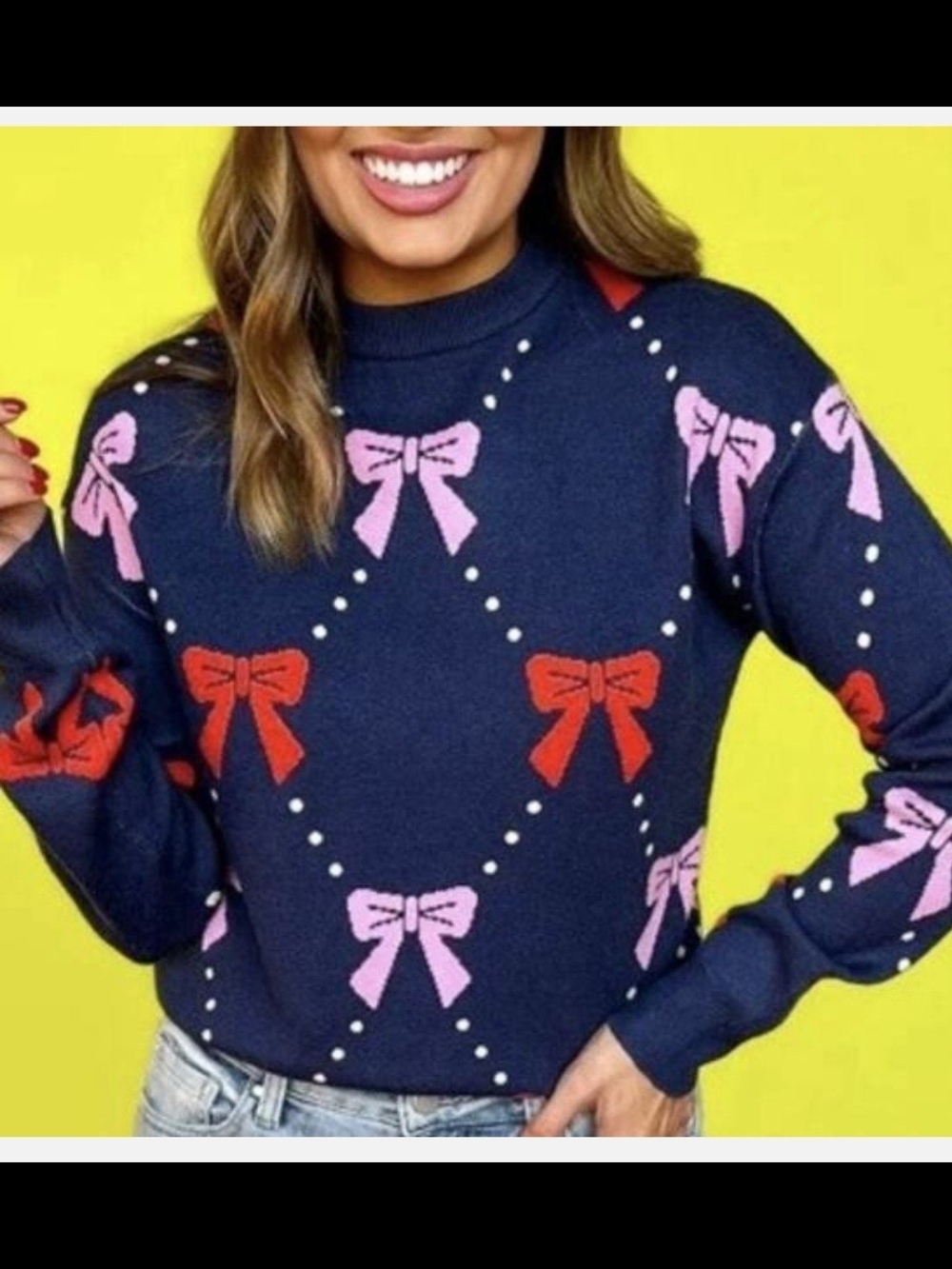 THML Women's M 'Ginny' Knit Bow Pullover Sweater Navy Crew Neck Long Sleeve L